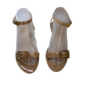 Elie Tahari Nude Patent Leather Wedge Sandals Buckle Ankle Strap Size 39